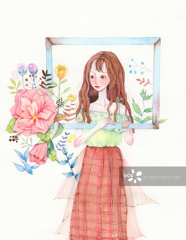 花与女孩手绘水彩插画图片素材