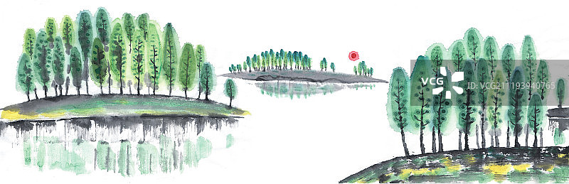 风景水墨画青山绿水湖边的树林图片素材