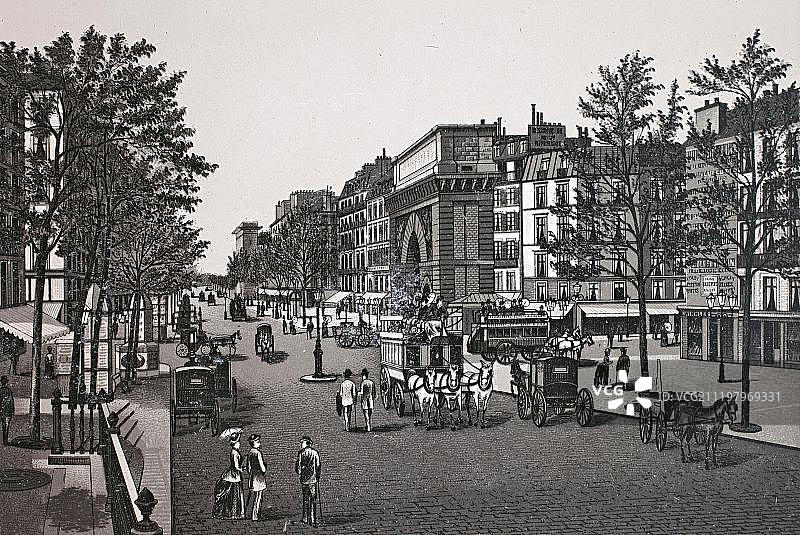 La Porte Saint Martin, le Boulevard和La Porte St. Denis，历史悠久的铜板蚀刻，1890年左右，Neal’s，法国巴黎，欧洲图片素材