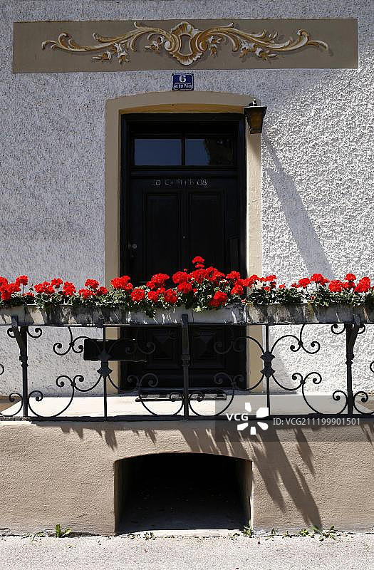 巴伐利亚门入口的红色花朵，Prien，上巴伐利亚，德国，欧洲图片素材