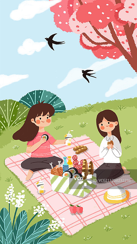 草地上野餐的女孩图片素材