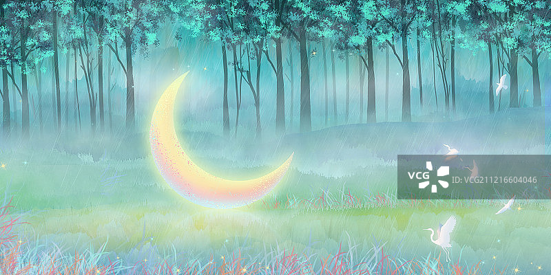 夏天夜晚，一轮月亮静静地躺在小森林里插画背景海报图片素材