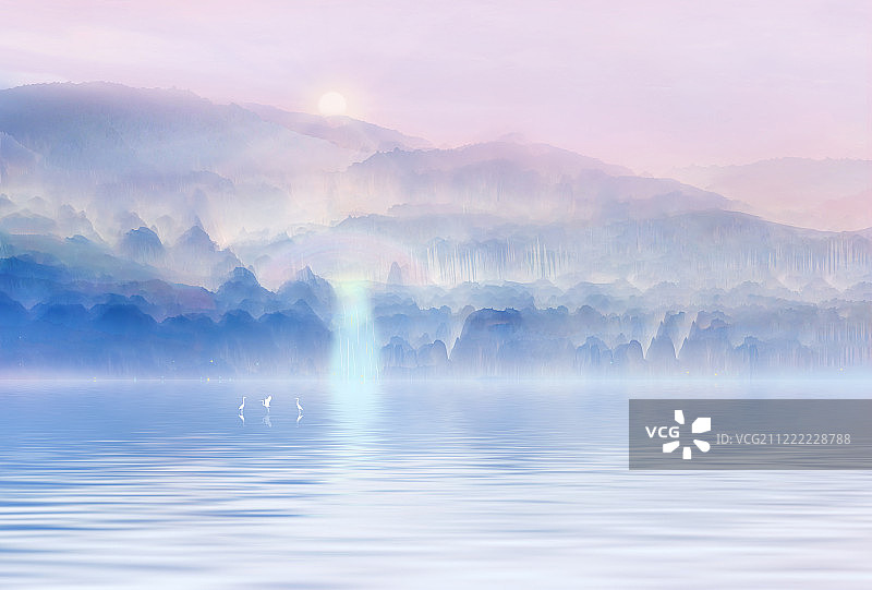 早晨太阳升起，瀑布从山上流下汇入湖泊里中国风插图背景海报图片素材