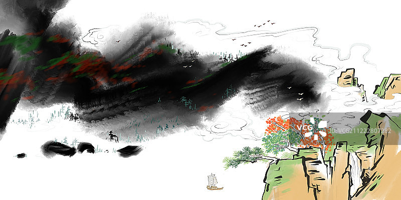 中国传统泼墨山水画江山如画一帆风顺图片素材