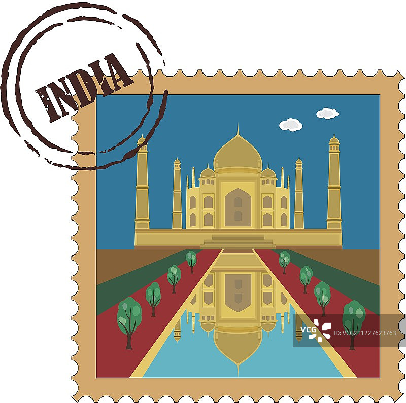 古老的邮政邮票与泰姬陵，印度，矢量插图图片素材