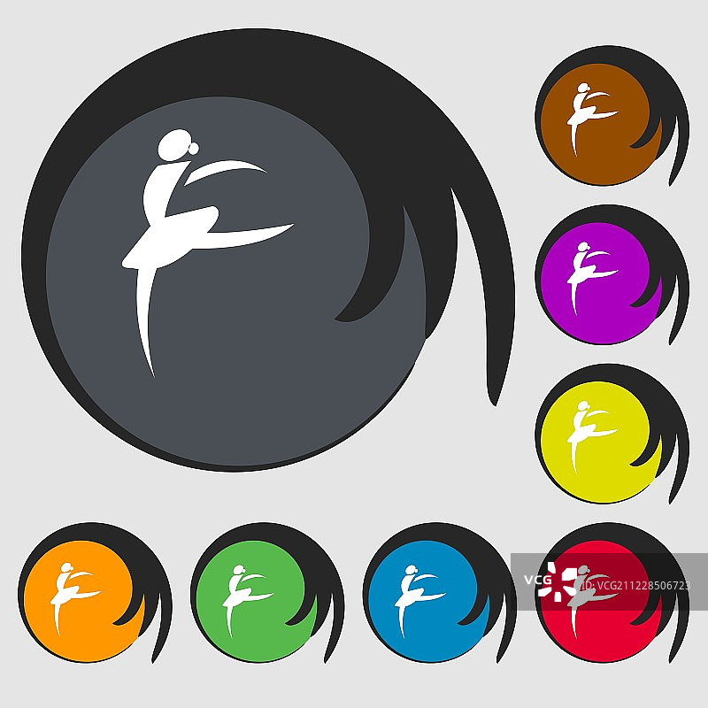 舞女芭蕾舞，芭蕾舞偶像。八个彩色按钮上的符号。向量图片素材