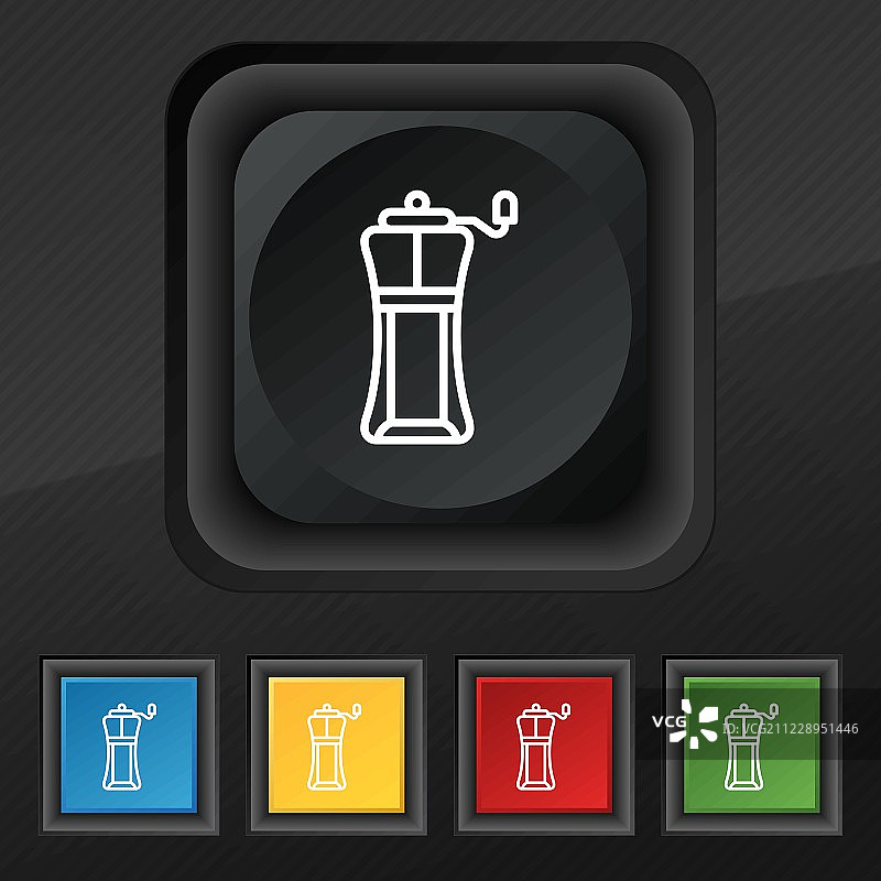 运动水壶的图标象征。五套彩色，时尚的钮扣黑色纹理为您的设计。向量图片素材