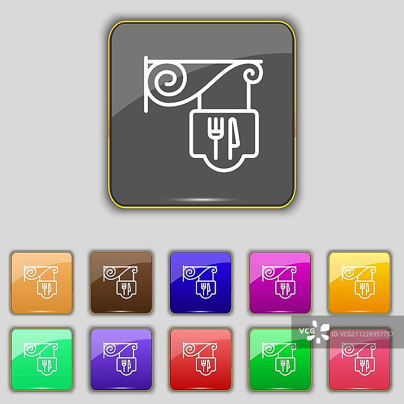 餐厅图标符号。为你的网站设置11个颜色的按钮。向量图片素材