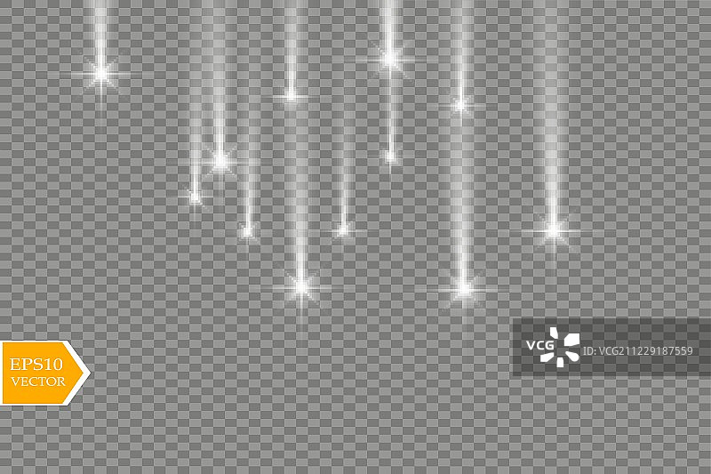 矢量雨彗星孤立在透明的背景。灯。神奇的概念。矢量白色闪光波抽象插图。白色星尘尾随着孤立的闪闪发光的粒子。向量图片素材