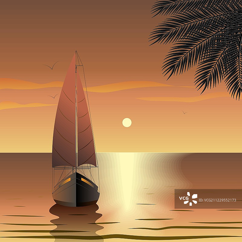 日落时在热带岛屿附近海上航行的游艇。图片素材