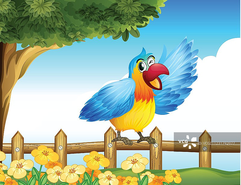 一只色彩鲜艳的鸟在篱笆旁图片素材