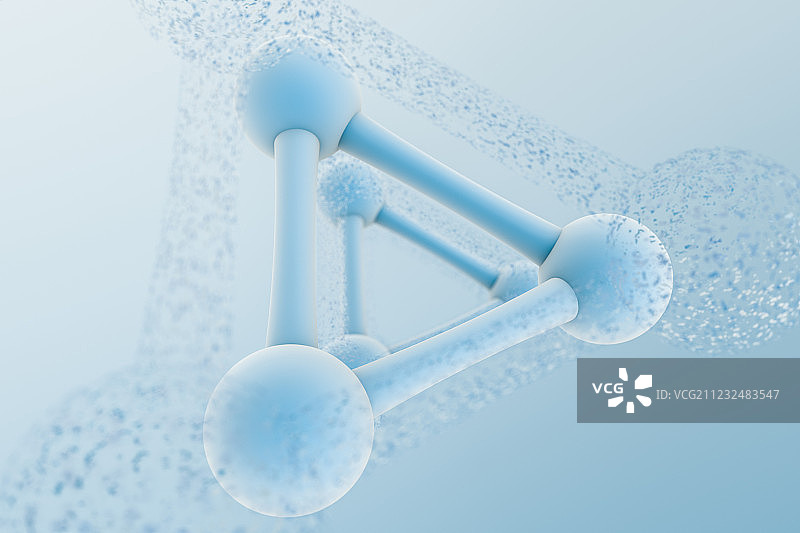 生物化学技术分子与浅蓝色背景，三维渲染图片素材
