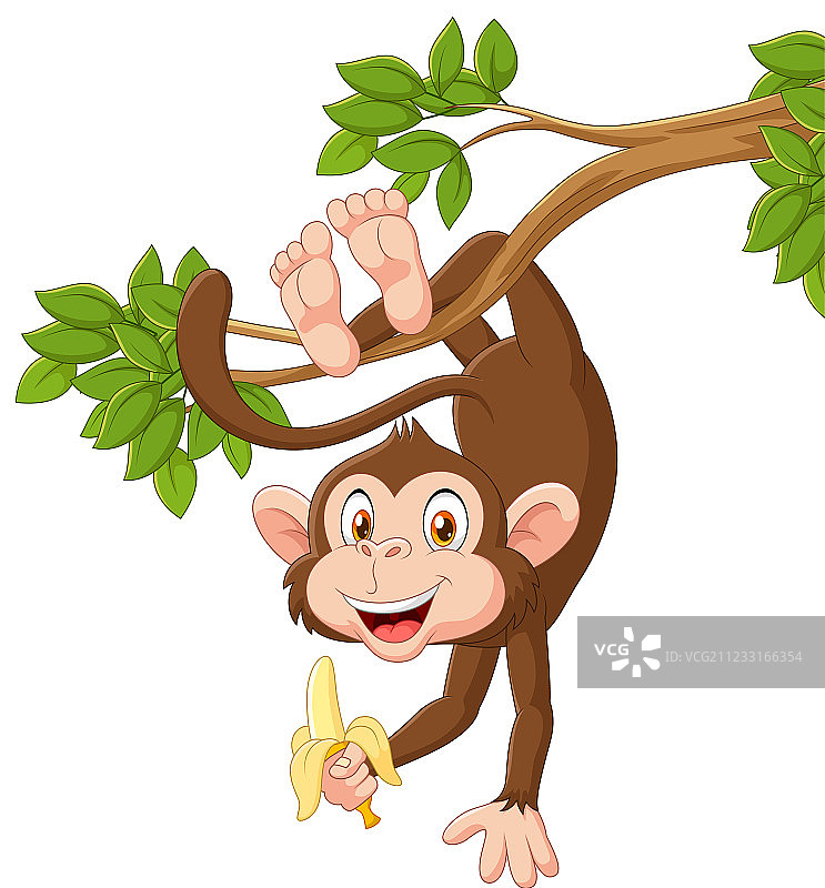 卡通快乐猴子挂着拿着香蕉图片素材