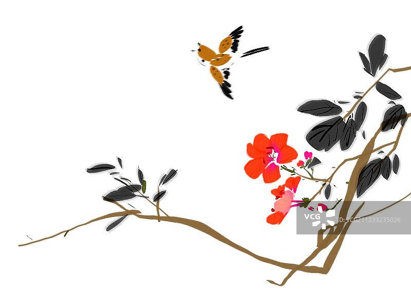 传统水墨画野花小鸟图片素材