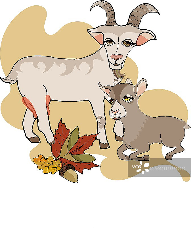 在秋叶和橡子的背景下，山羊妈妈和小山羊图片素材