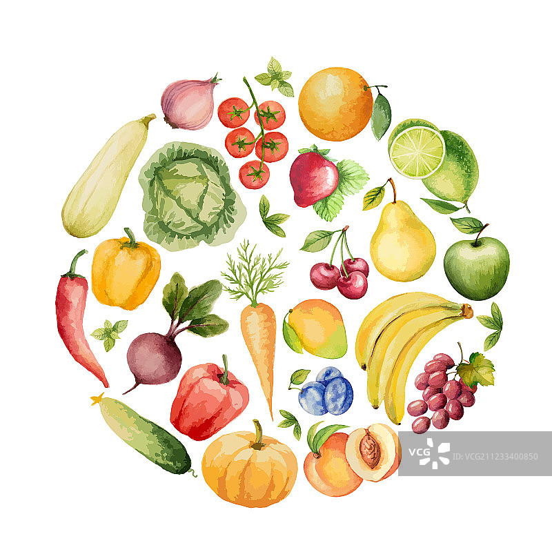 一套水彩蔬菜和水果图片素材