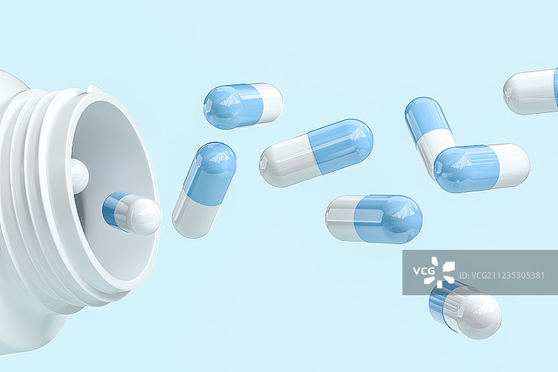 蓝色药丸与白色药瓶，三维渲染图片素材