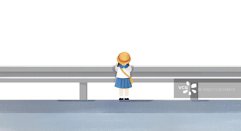 在路边路牌旁的戴帽子穿校服的小女孩插画图片素材