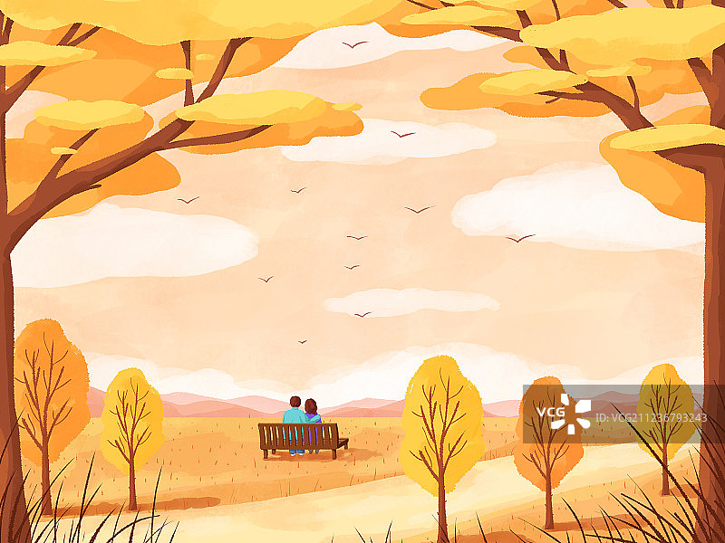 秋天的天空与树林插画图片素材