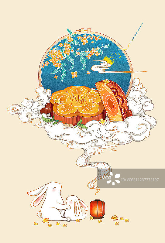 10月 中秋节 创意月饼 刺绣插画图片素材