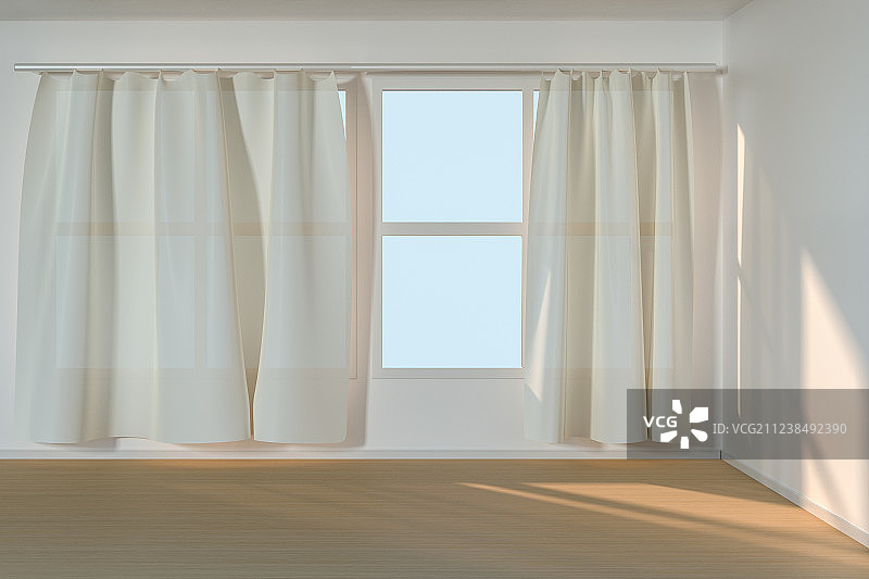 明亮的空房间与穿过窗帘的阳光光，三维渲染图片素材