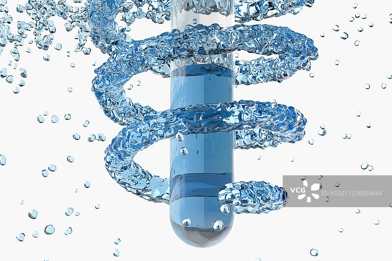 化学仪器试管与飞舞的蓝色液体，三维渲染图片素材