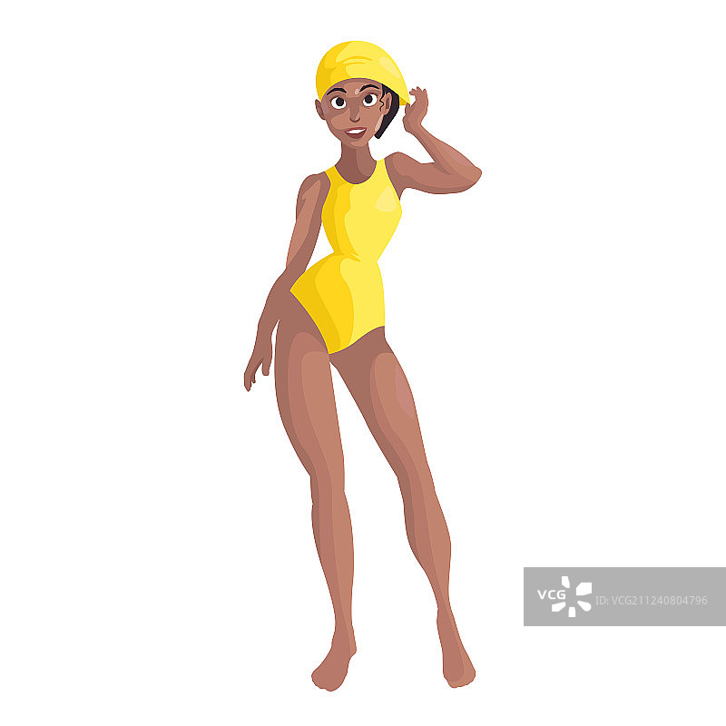 一个穿着黄色游泳衣的深色女人图片素材