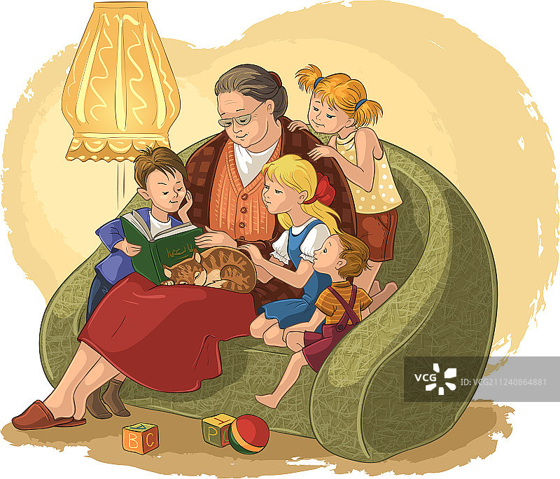 祖母正在给孙子孙女们读童话故事图片素材