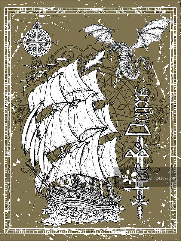 手绘详细的古董帆船罗盘图片素材