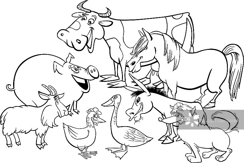 农场动物人物涂色书图片素材