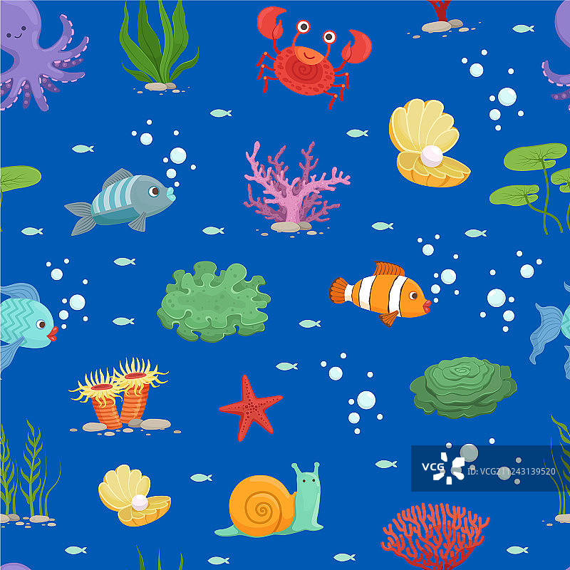卡通水下生物和海藻图片素材