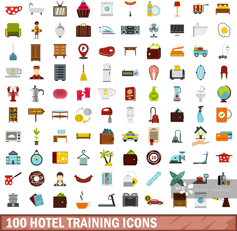 100个酒店培训图标设置扁平风格图片素材