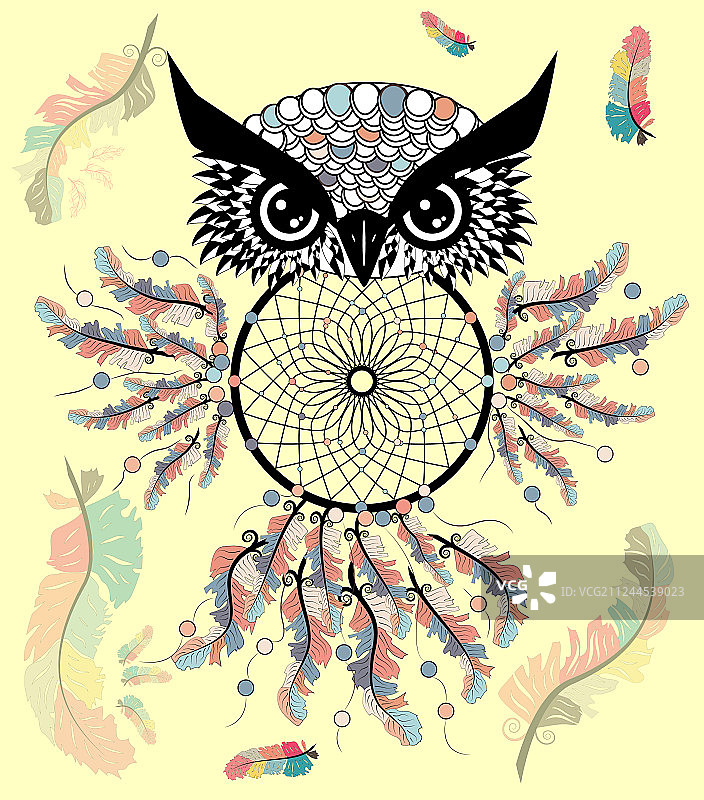 艺术猫头鹰与捕梦网图形艺术图片素材