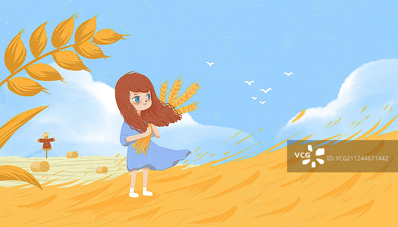 芒种时节在田间抱着小麦的女孩 收割小麦的田野和稻草人图片素材
