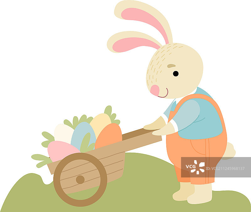 可爱的小兔子推着装满装饰的木车图片素材
