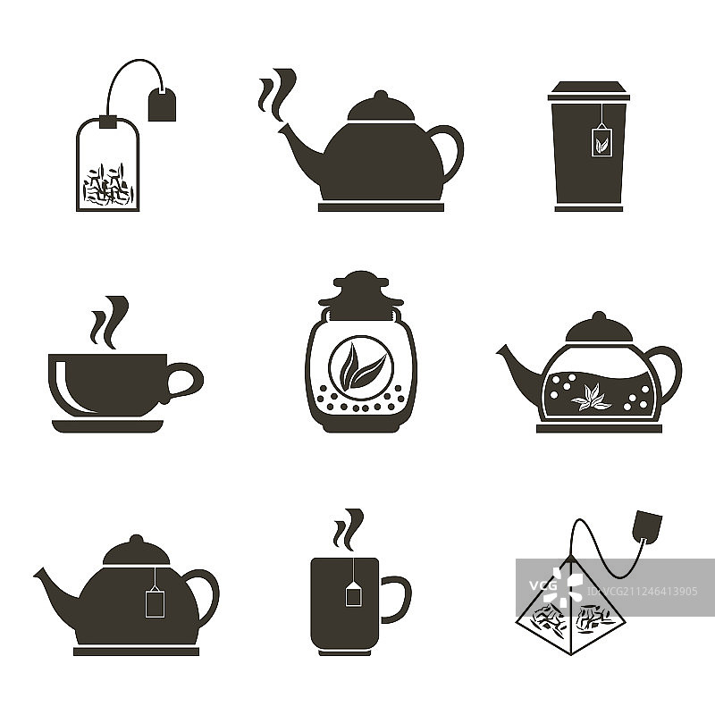 一套9个图标的茶喝的盘子和图片素材