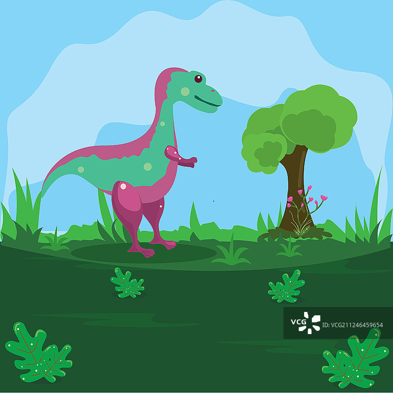 一只恐龙在绿色的土地和蓝色的天空图片素材