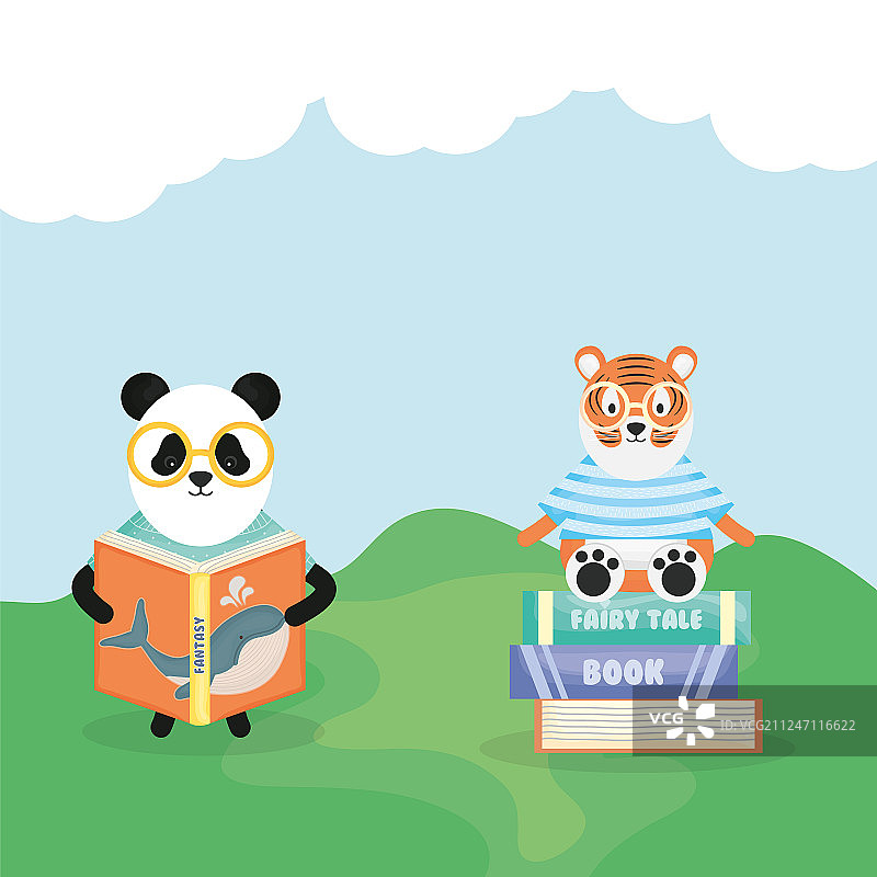 可爱的熊，看书的熊猫和书中的老虎图片素材