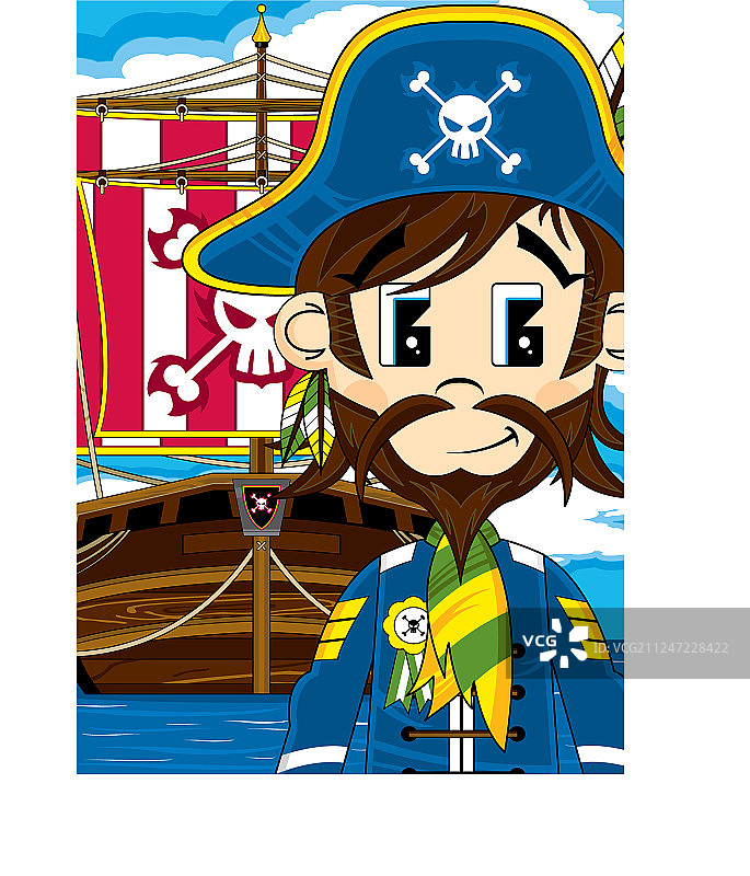 可爱的卡通海盗船长和船图片素材