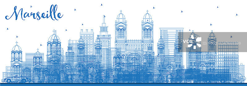 用蓝色勾勒出法国马赛城市的天际线图片素材