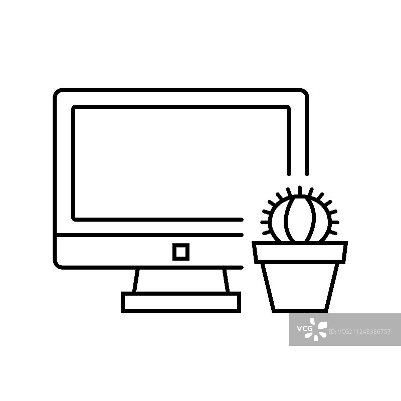 电脑与仙人掌图标在细线风格图片素材