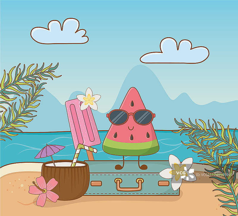 海滩场景中的热带西瓜角色图片素材