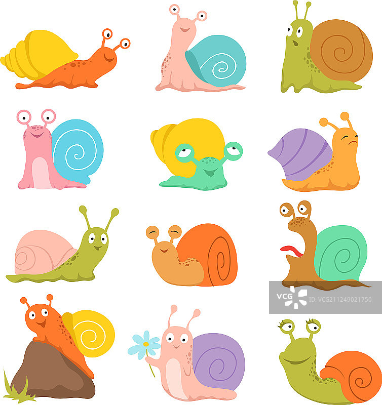 卡通蜗牛可爱的蛞蝓软体动物和壳图片素材