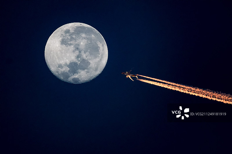 月球与半空中飞翔的飞机图片素材
