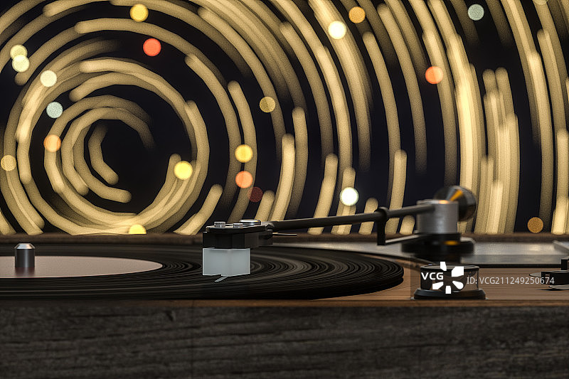 木制桌面上的一台黑胶唱片机，三维渲染图片素材
