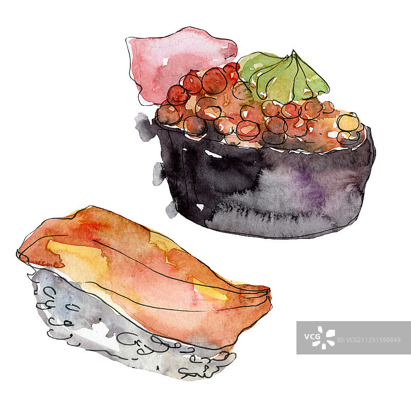 水彩寿司套装精美可口的日本食物插图。手绘对象隔离在白色背景。图片素材