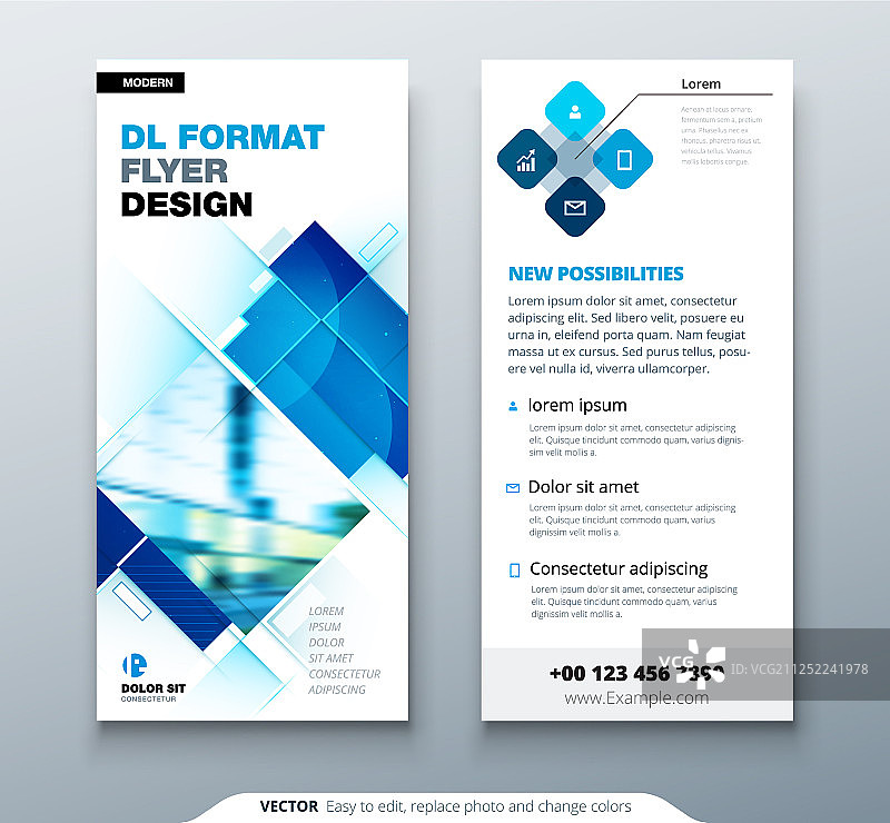蓝色dl传单设计与方形公司图片素材