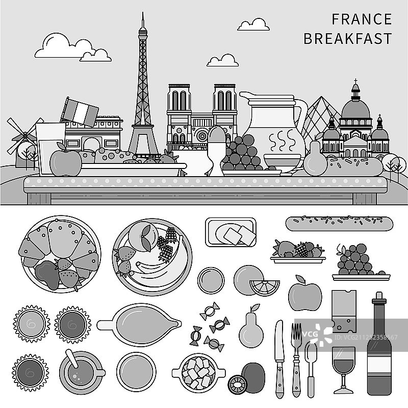 法式早餐在背景上的平直线条图片素材
