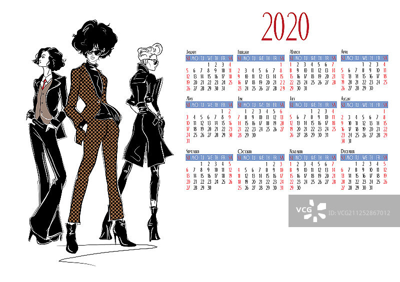 日历2020与时尚女性图片素材