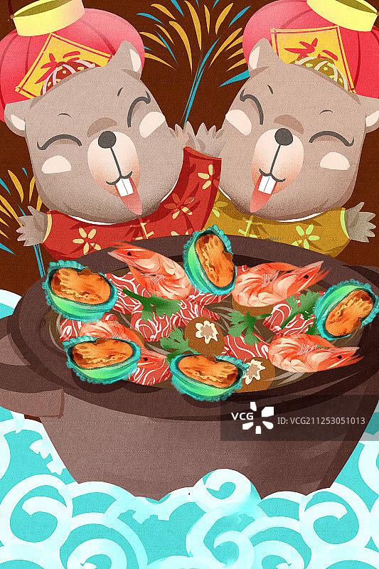 2020年鼠年老鼠吃海鲜火锅年夜饭插画图片素材